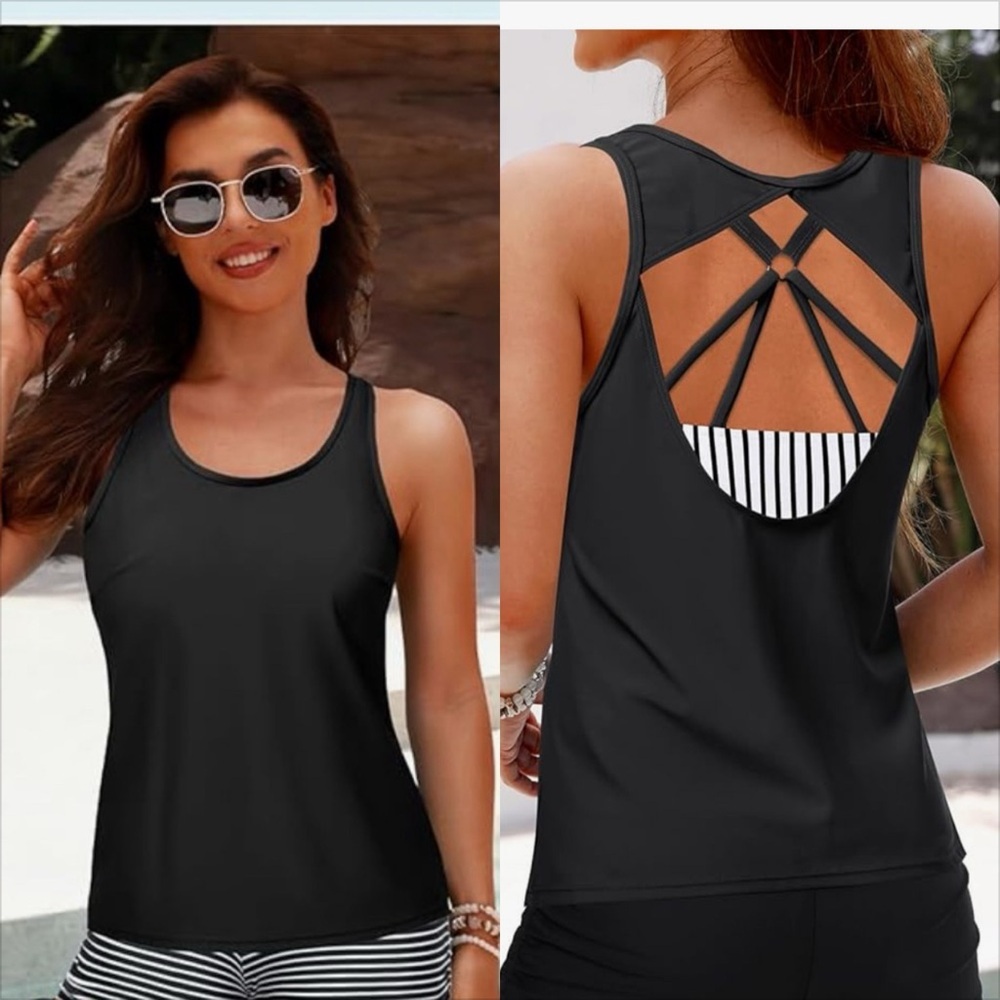 Yonique Black Tankini Swim Tank Top Only for Women .
Size XS